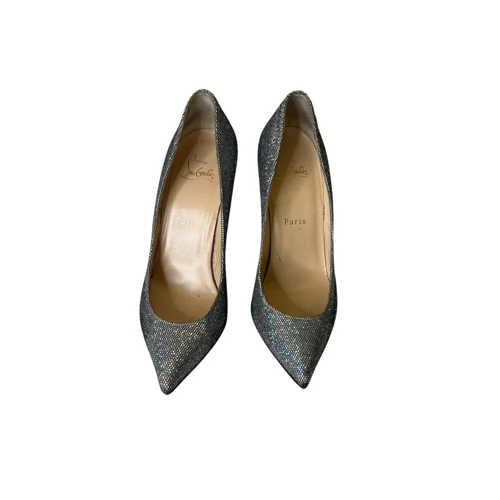 Christian Louboutin Silver Holographic Glitter Mesh Pointed Toe Pumps - 37.5
